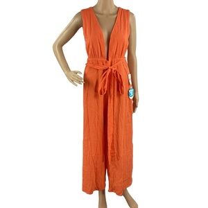 WET Vermillion Orange Plunge Neck Jumpsuit Linen Blend XS
